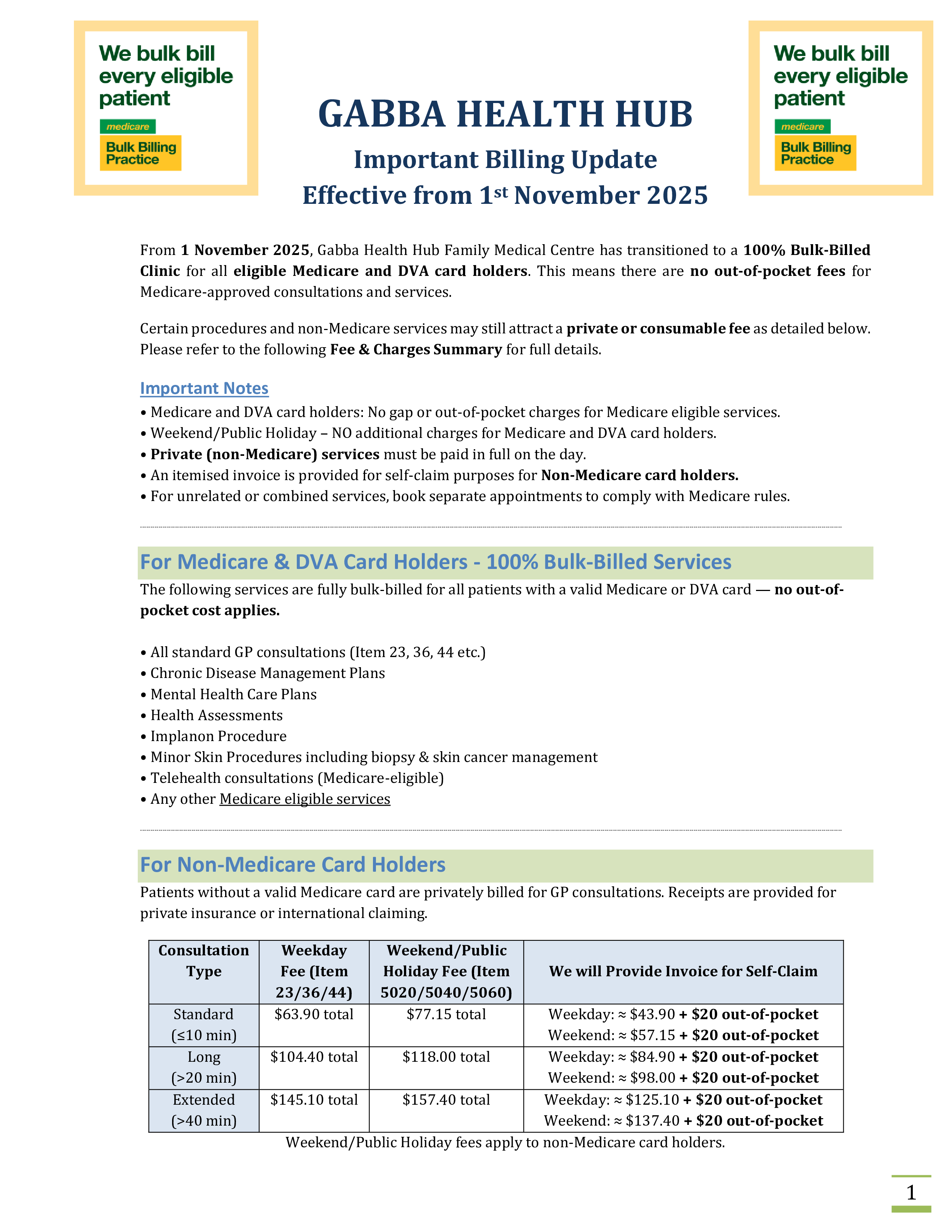 Gabba Health Hub Fee Page 1